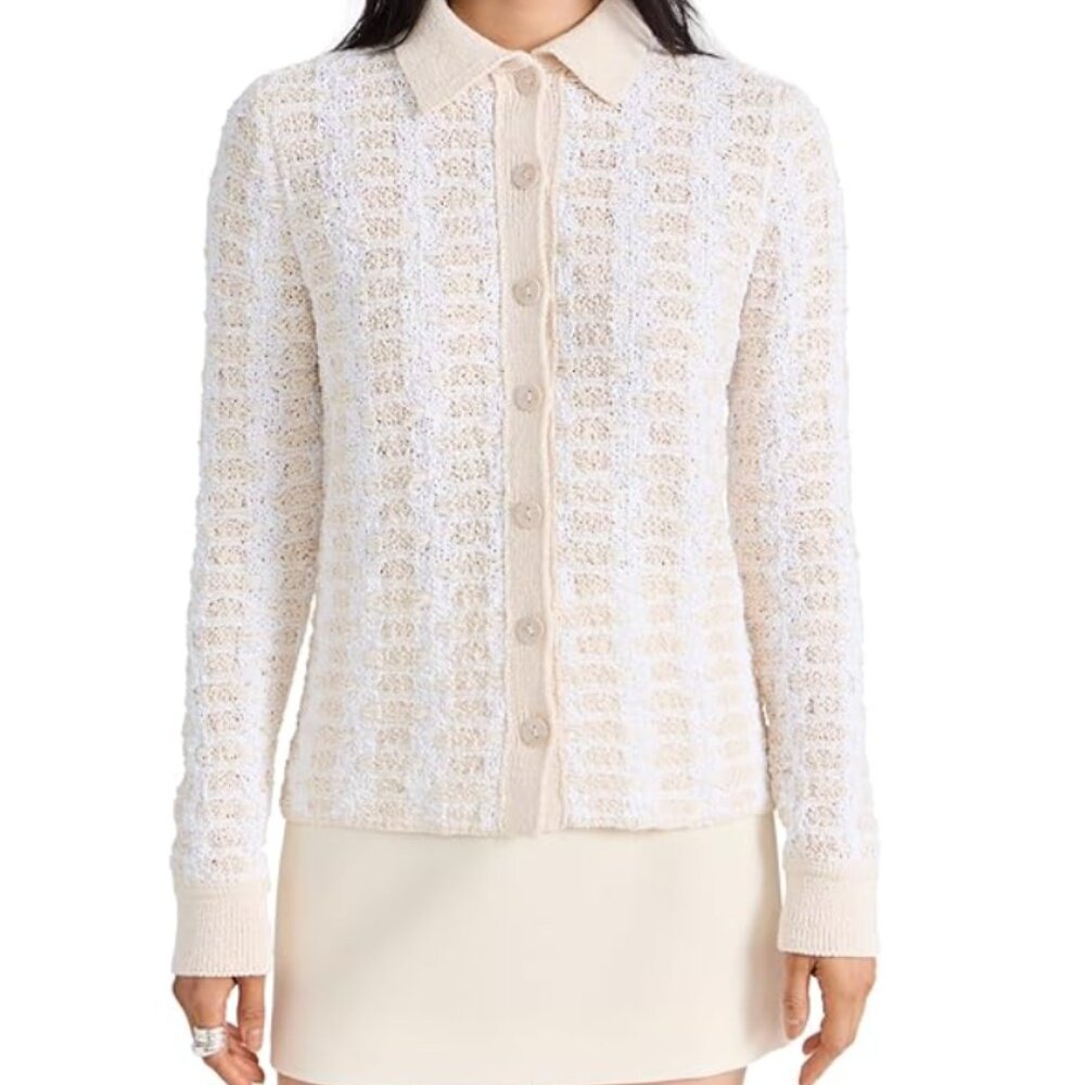 Vince Geometric Sweater Cardigan Woven Geometric Button Up Polo Top Size XL